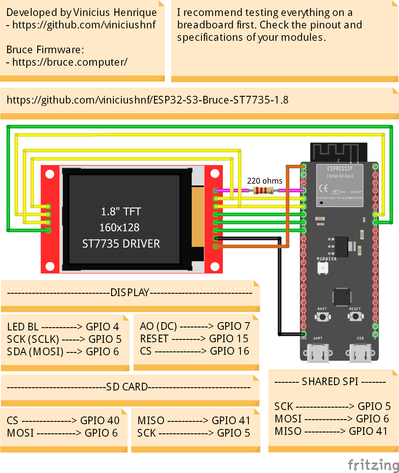 ST7735 display connections and shared SPI wiring schematic