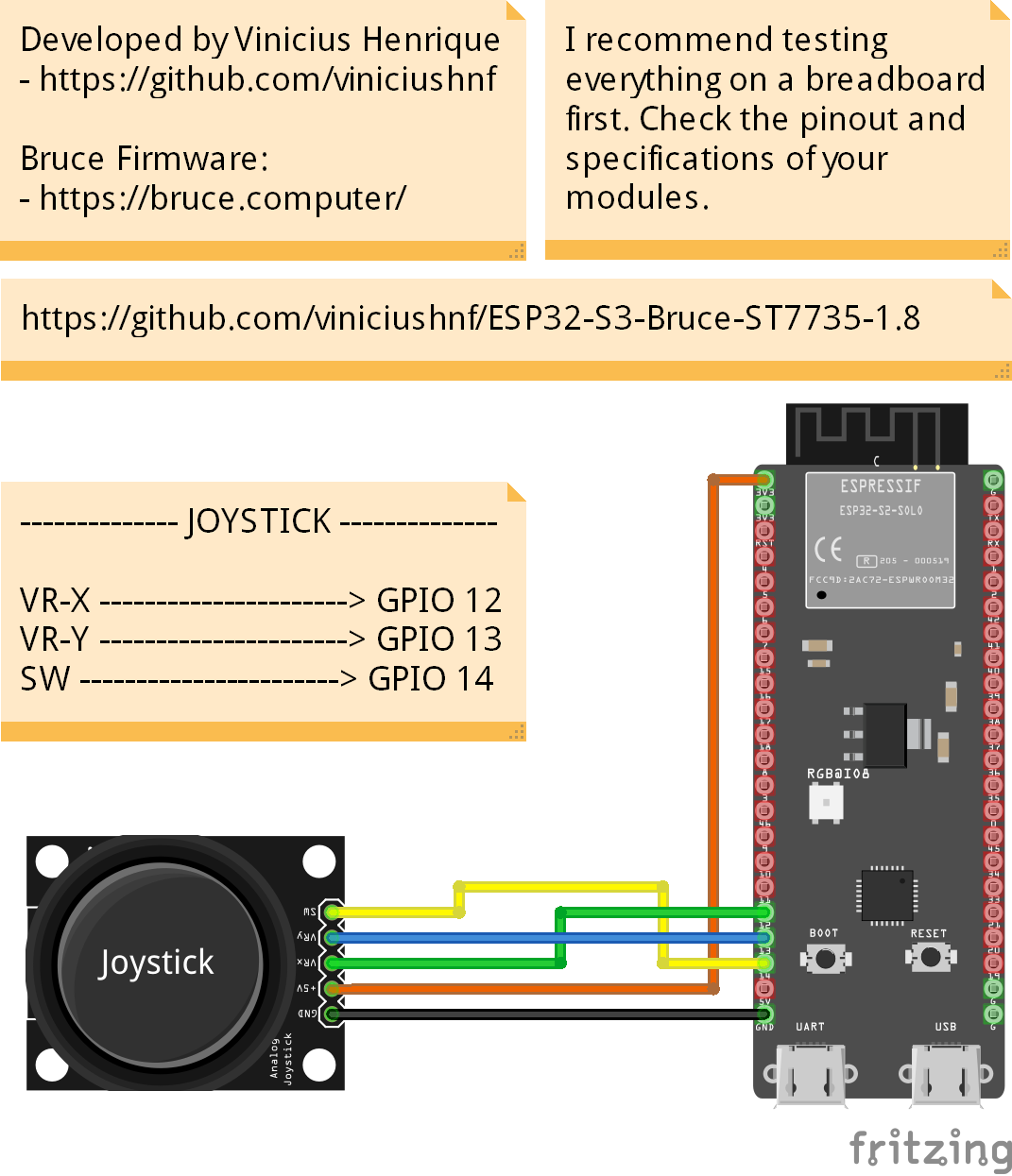 Dual-axis analog joystick module wiring reference showing GPIO pin assignments