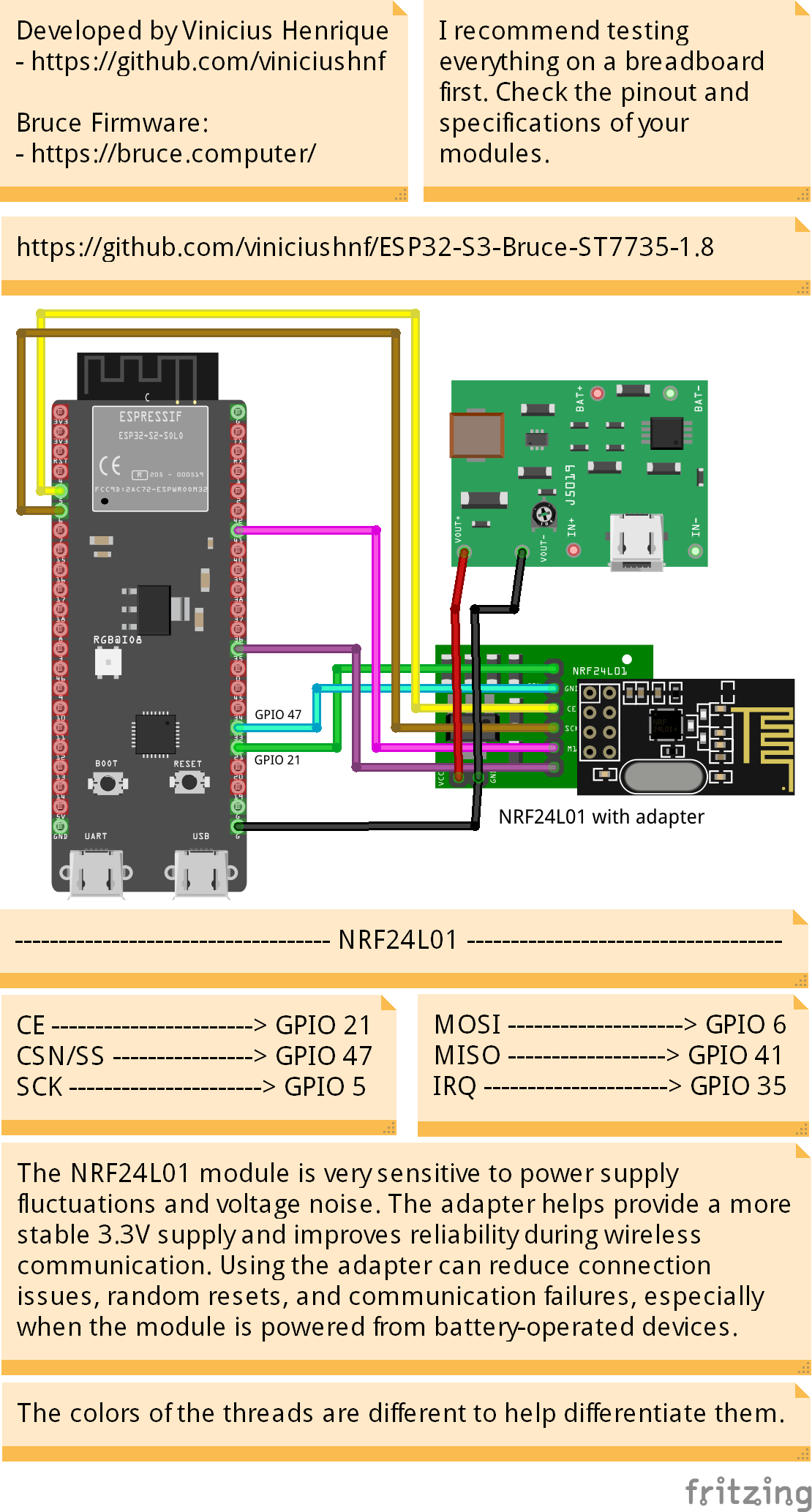 NRF24L01 2.4GHz transceiver wiring with dedicated 3.3V adapter module