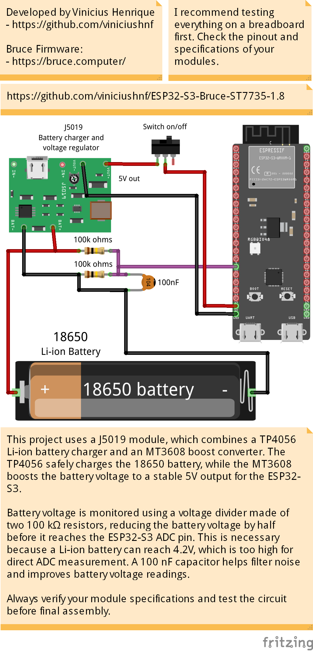 Portable power circuit schematic showing J5019 module, 18650 cell, switch, and voltage divider