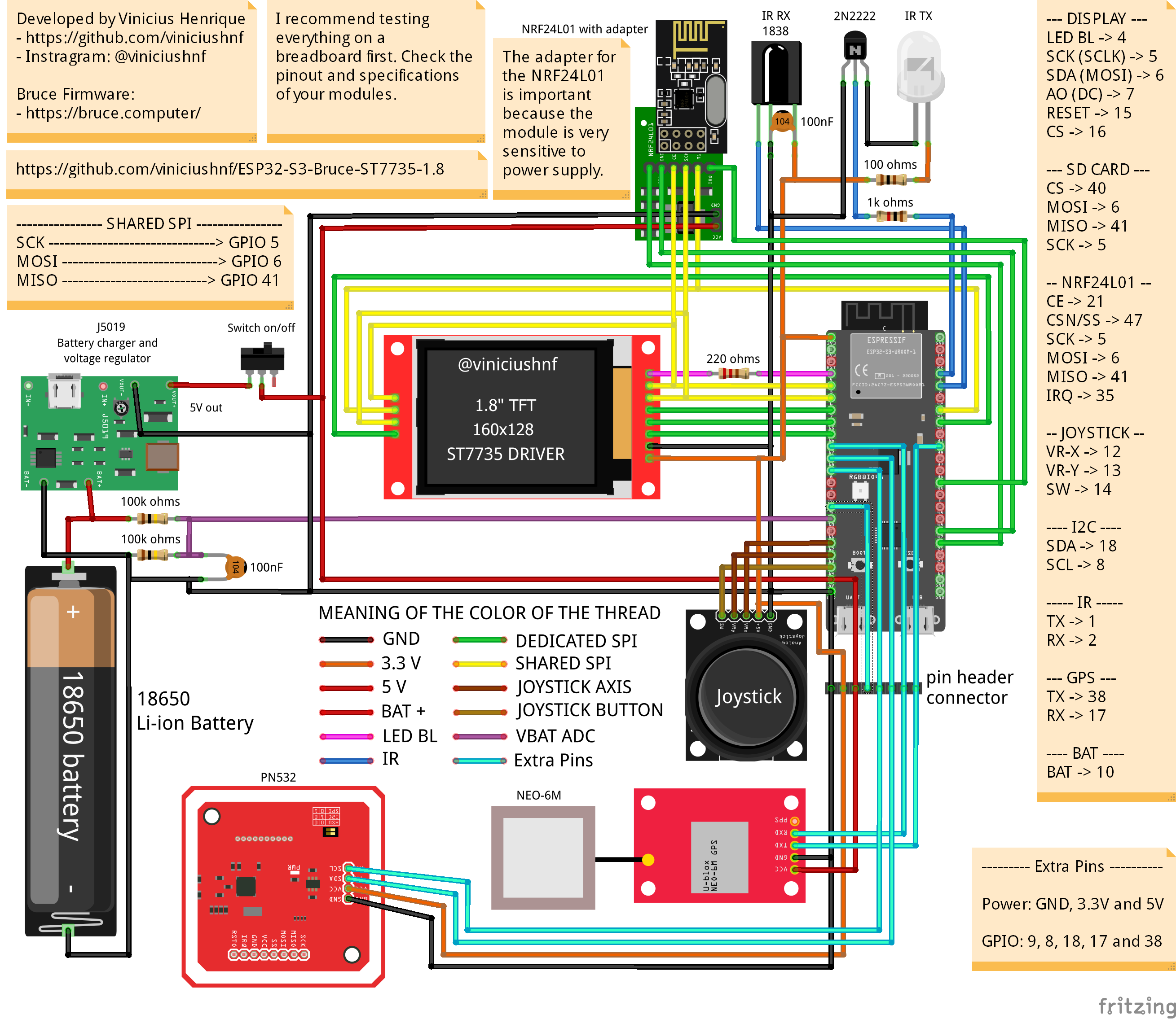 Comprehensive master wiring diagram showing ESP32-S3, ST7735 display, NRF24L01, PN532, GPS, IR, power circuit, and buttons