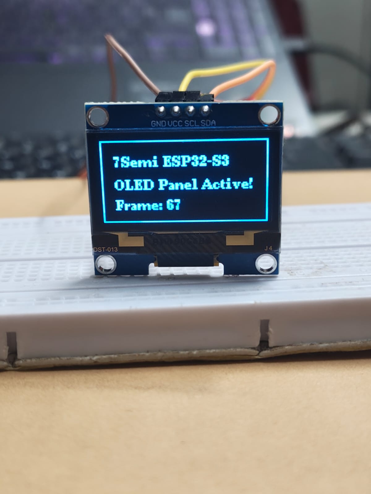 OLED verification display confirming board identity and live frame counting